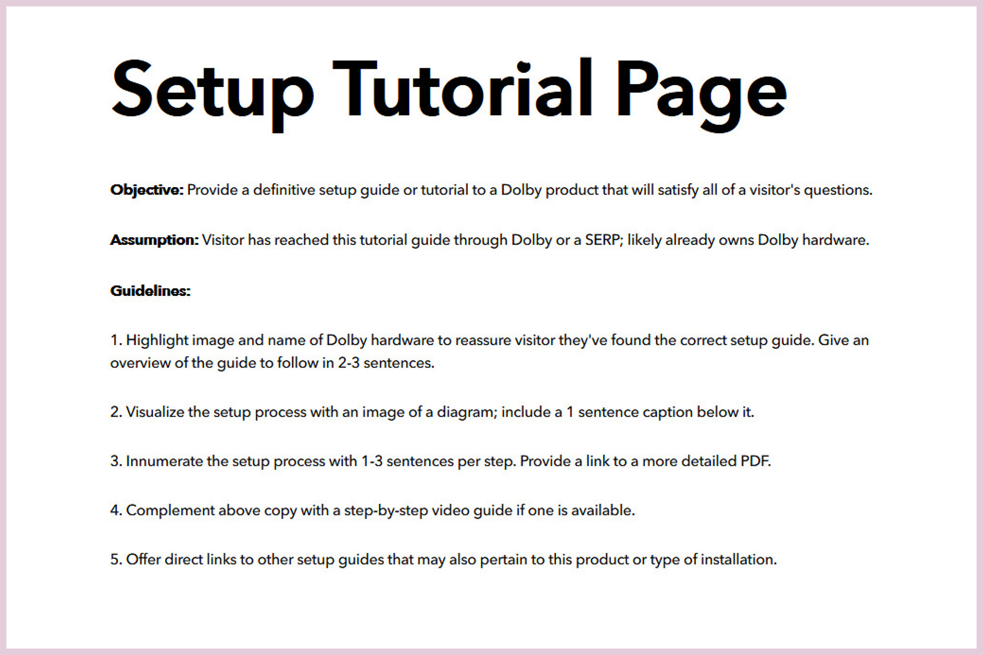 An early manifest for the proposed "Setup Tutorial" page type