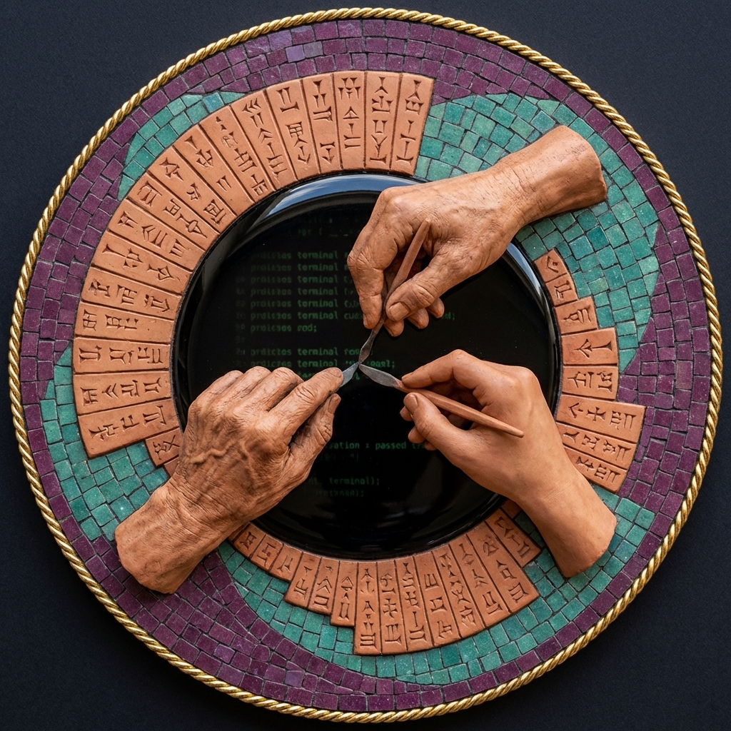 The Pair — master and apprentice hands working together on the obsidian terminal