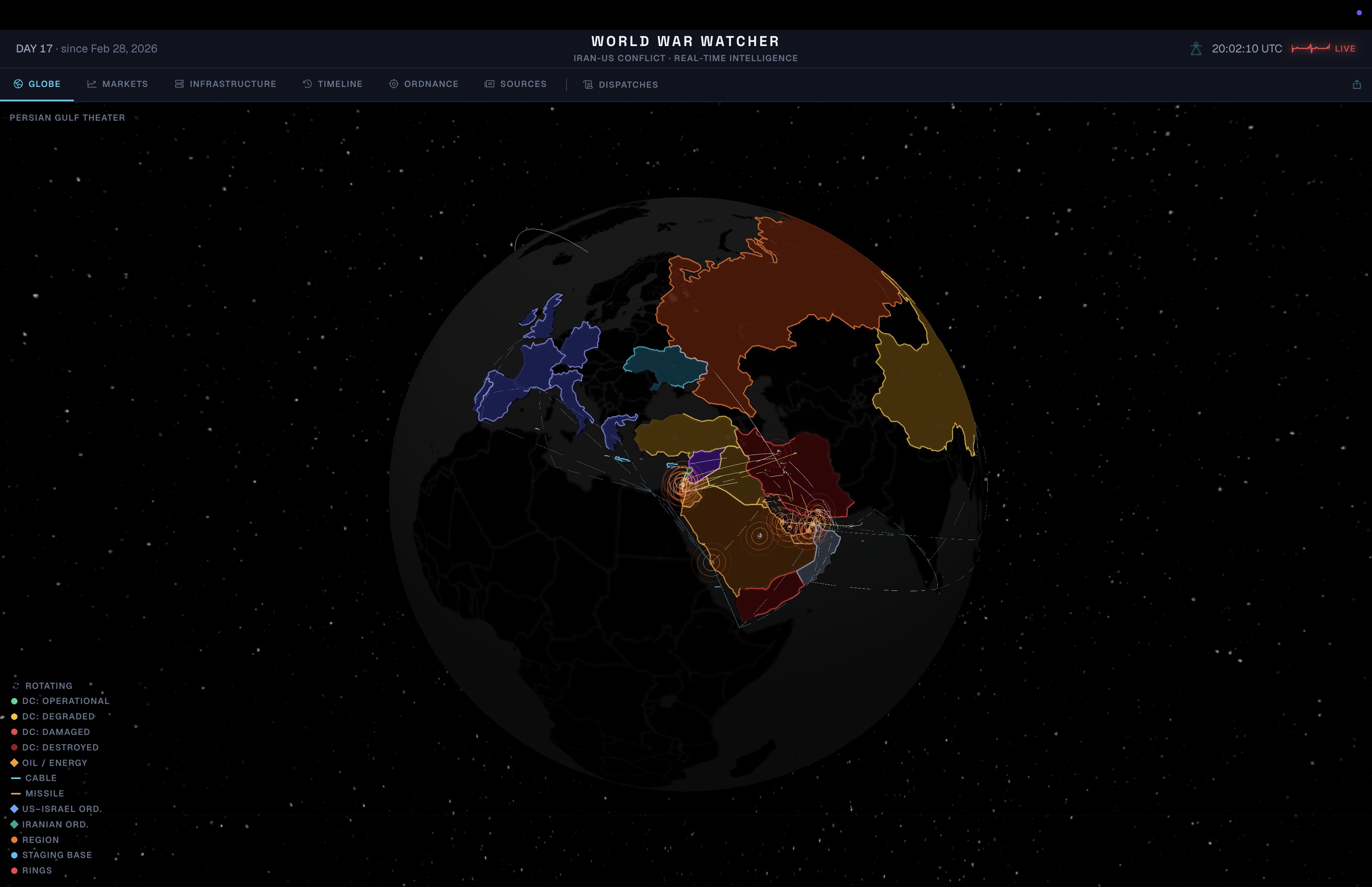 Globe view — Persian Gulf theater with data center status overlay