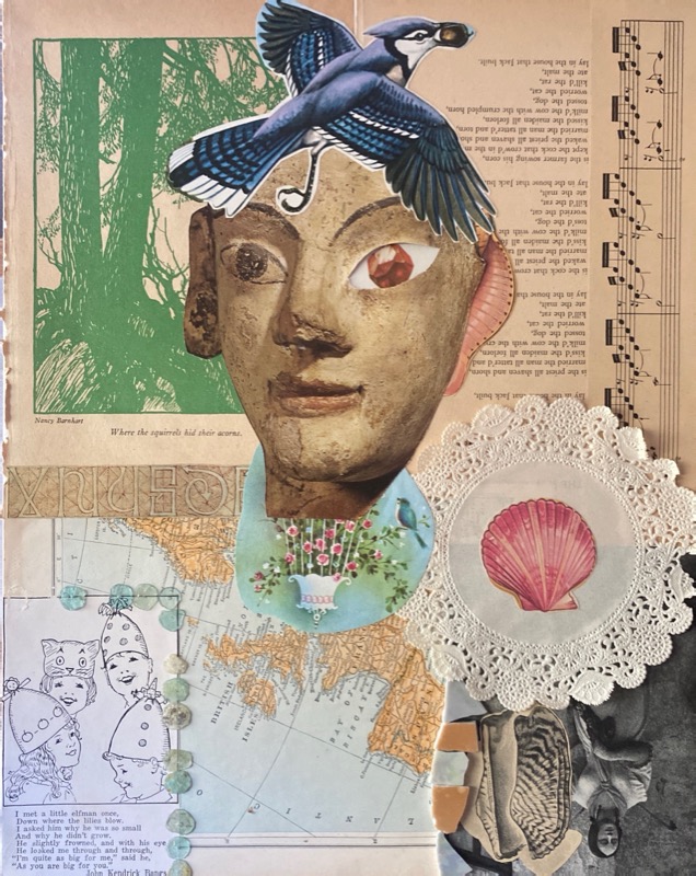 Blue Jay / Archaic Face — mixed-media collage